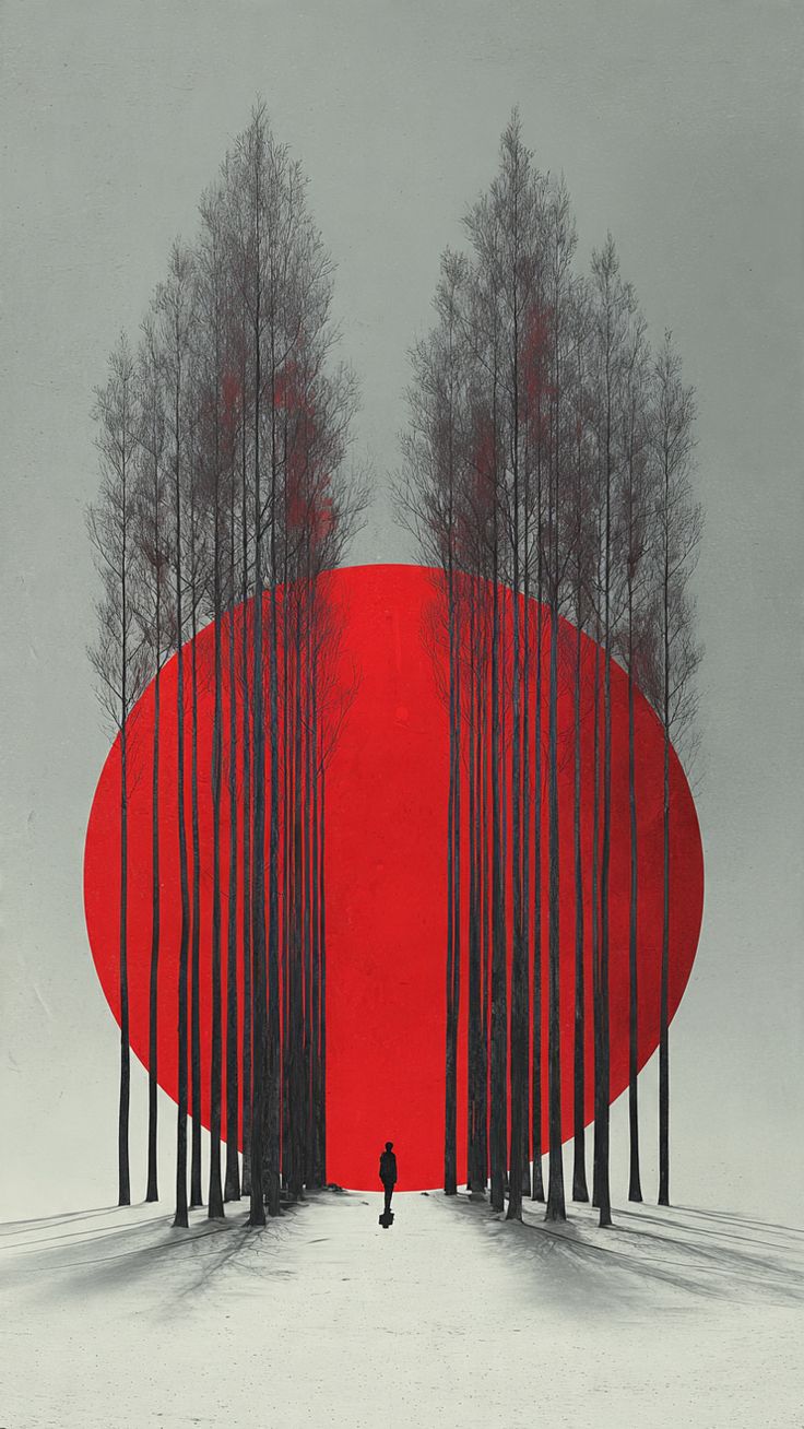 Red Sun Forest Path - Surreal Minimalist Landscape Poster