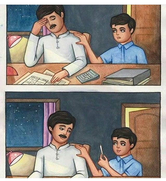 Stressed Father Son Joint Relief Comic Art Poster