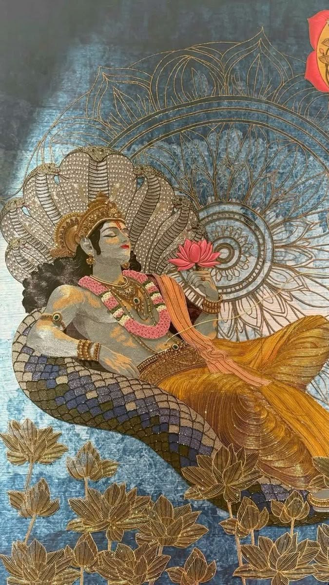 Lord Vishnu Resting On Sheshnag Golden Line Art Poster