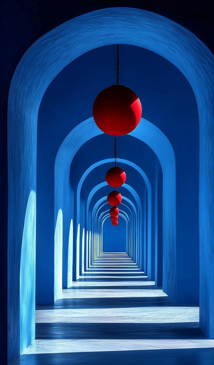 Blue Arches Red Spheres - Architectural Surrealist Art Poster