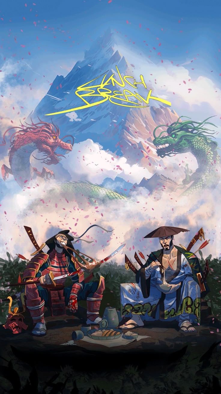 Lunch Break Japanese Samurai & Dragon Graphic Poster
